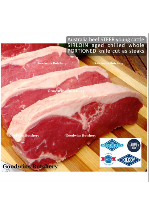 Beef Sirloin AGED BY GOODWINS Australia STEER young cattle (Striploin / New York Strip / Has Luar) frozen brand Harvey/Midfield STEAK 2.5cm 1" (price/kg 3-4pcs)